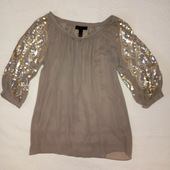 INC Womens Sequin-Embellished Blouse Size 4 Taupe  3/4 Sleeve Bohemia Boho - Picture 5 of 11